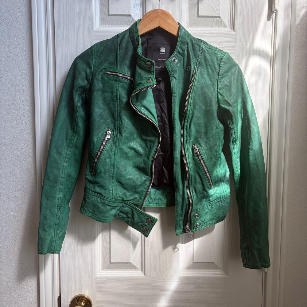 G-Star RAW military emerald green leather moto biker jacket